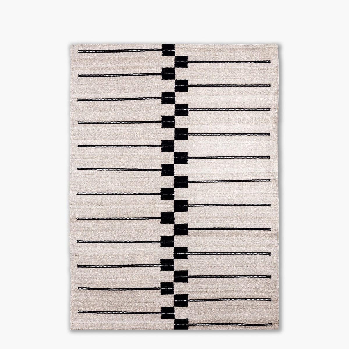 Case Spine RPET Rug in Beige, recycled PET flat weave with black checkerboard motif