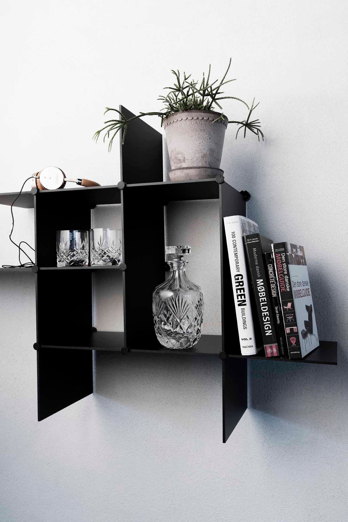 Bent Hansen Up the Wall Shelf Set in black, styled in an interior setting, laminate
