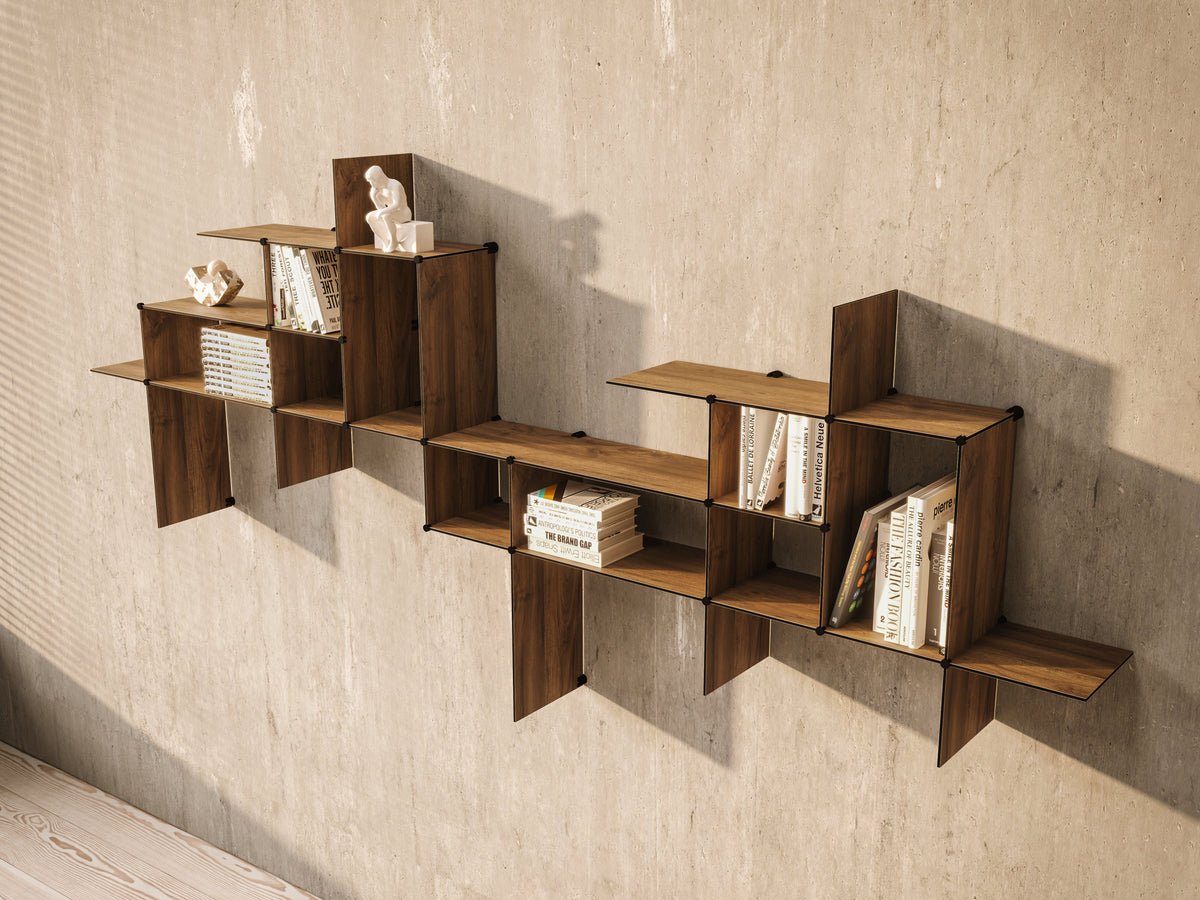Bent Hansen Up the Wall Shelf Set in walnut-look laminate, styled in an interior setting, laminate