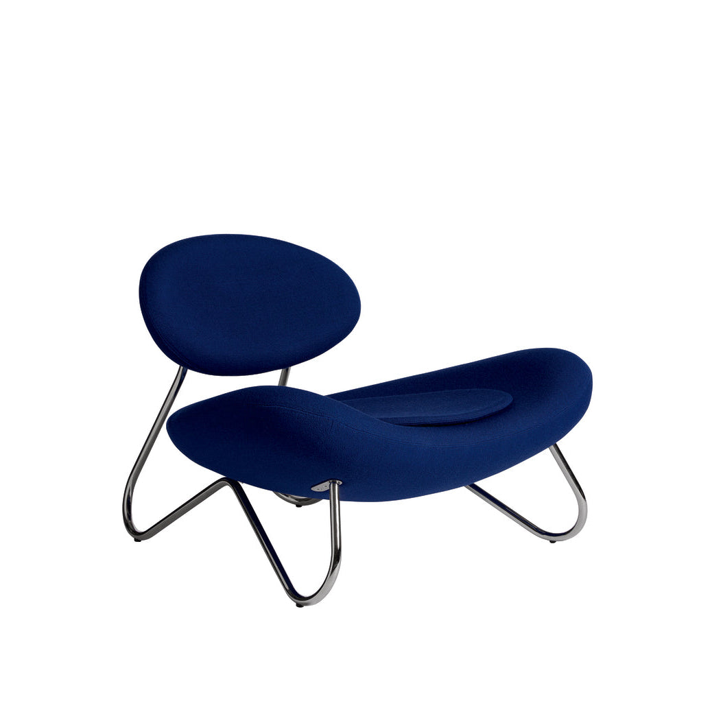WOUD Meadow Lounge Chair in blue Kvadrat Vidar fabric on a chrome-plated steel frame, designed by Finn Hvidberg Nielsen