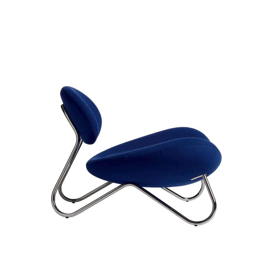 WOUD Meadow Lounge Chair in blue Kvadrat Vidar fabric on a chrome-plated steel frame, designed by Finn Hvidberg Nielsen