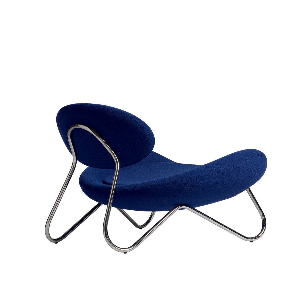 WOUD Meadow Lounge Chair in blue Kvadrat Vidar fabric on a chrome-plated steel frame, designed by Finn Hvidberg Nielsen