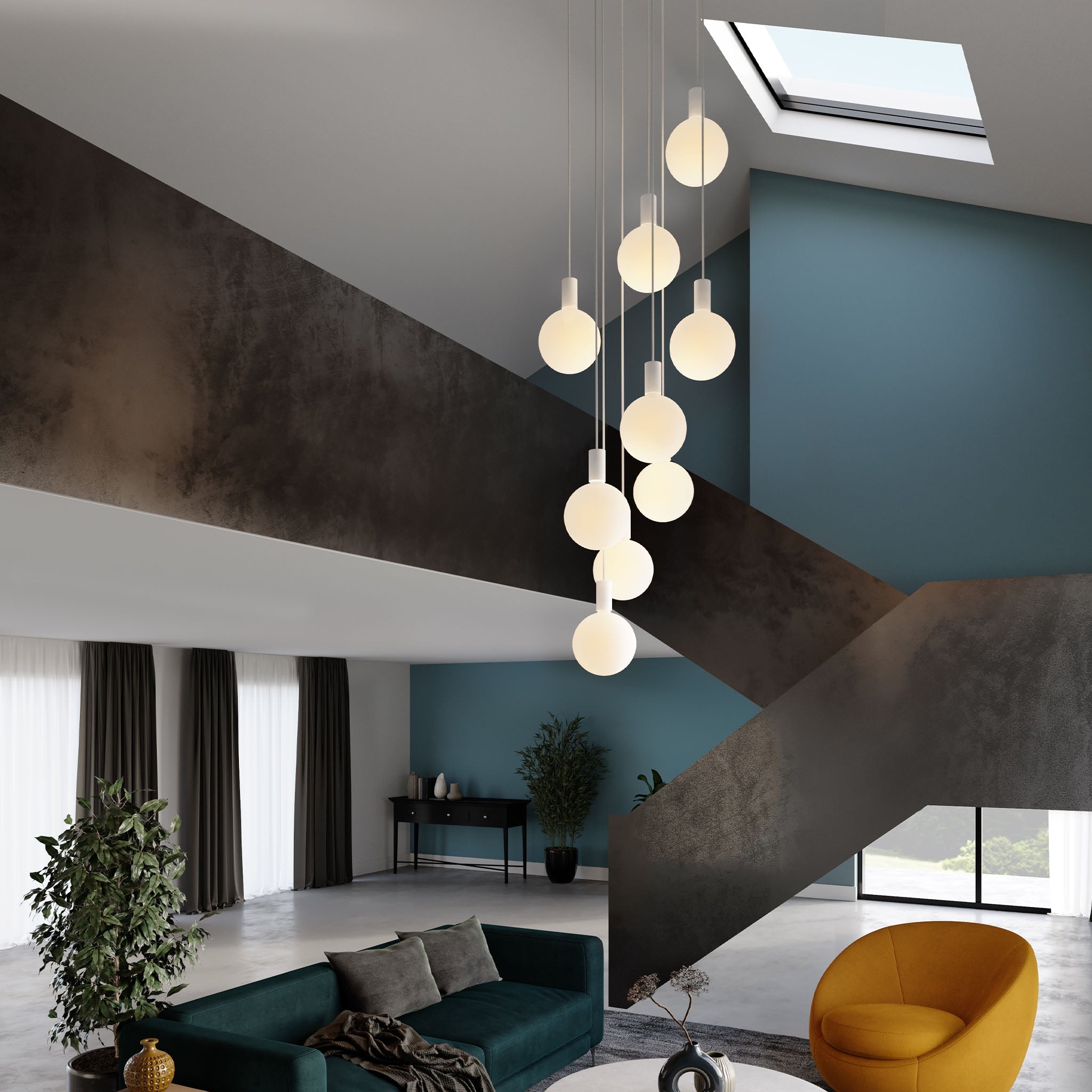 Detail of Tala Alumina Nine Pendant canopy with nine Sphere V LED bulbs