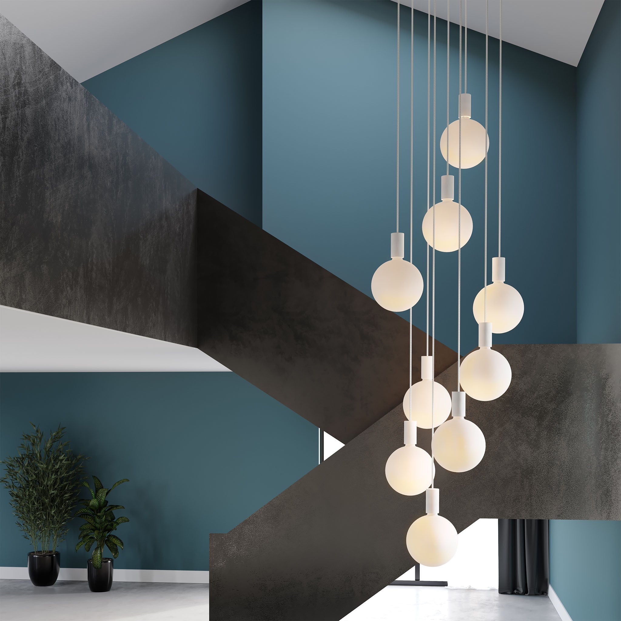 Tala Alumina Nine Pendant with Sphere V bulbs, full installation viewed from below