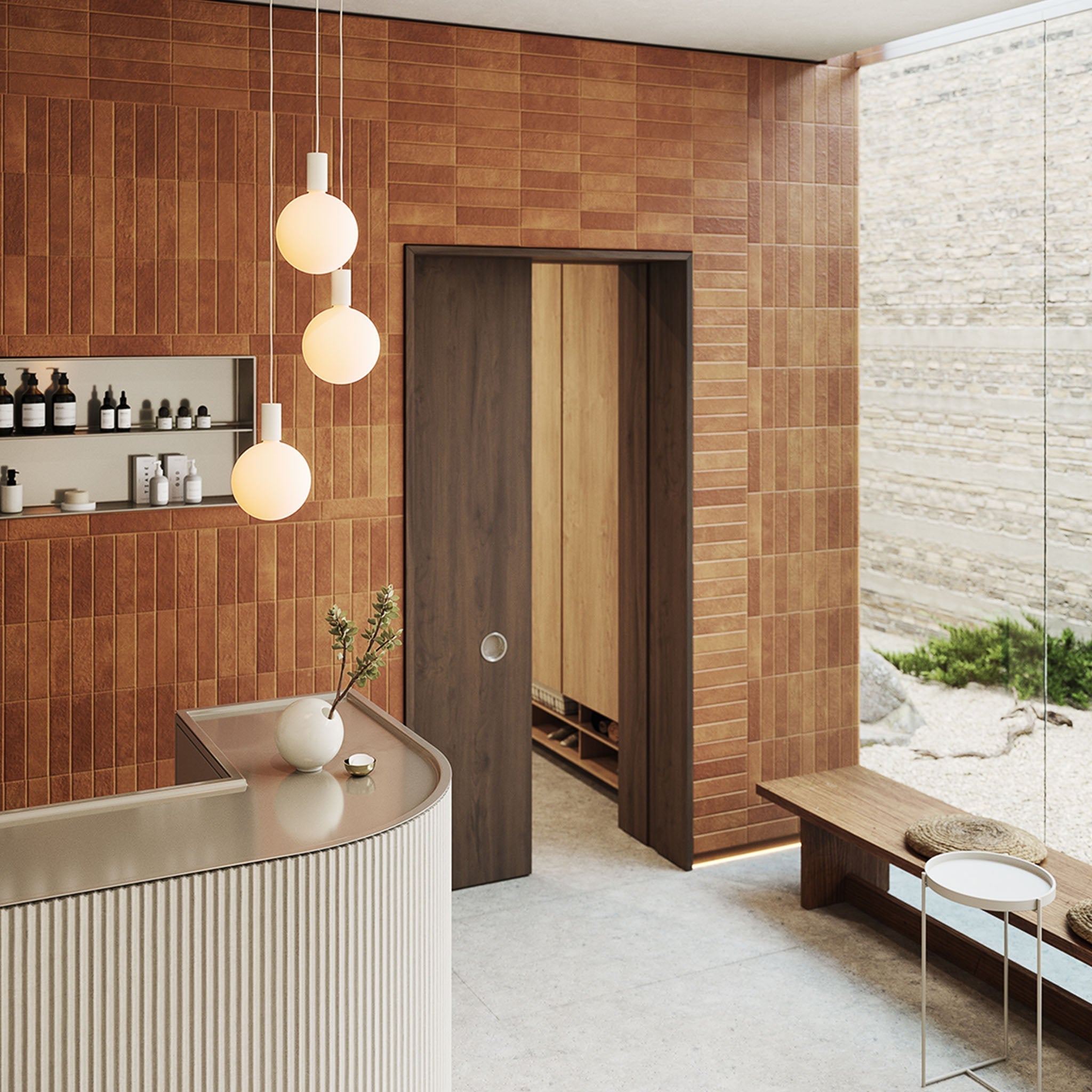 Alumina Triple Pendant by Tala, scale reference view of the hanging fixture