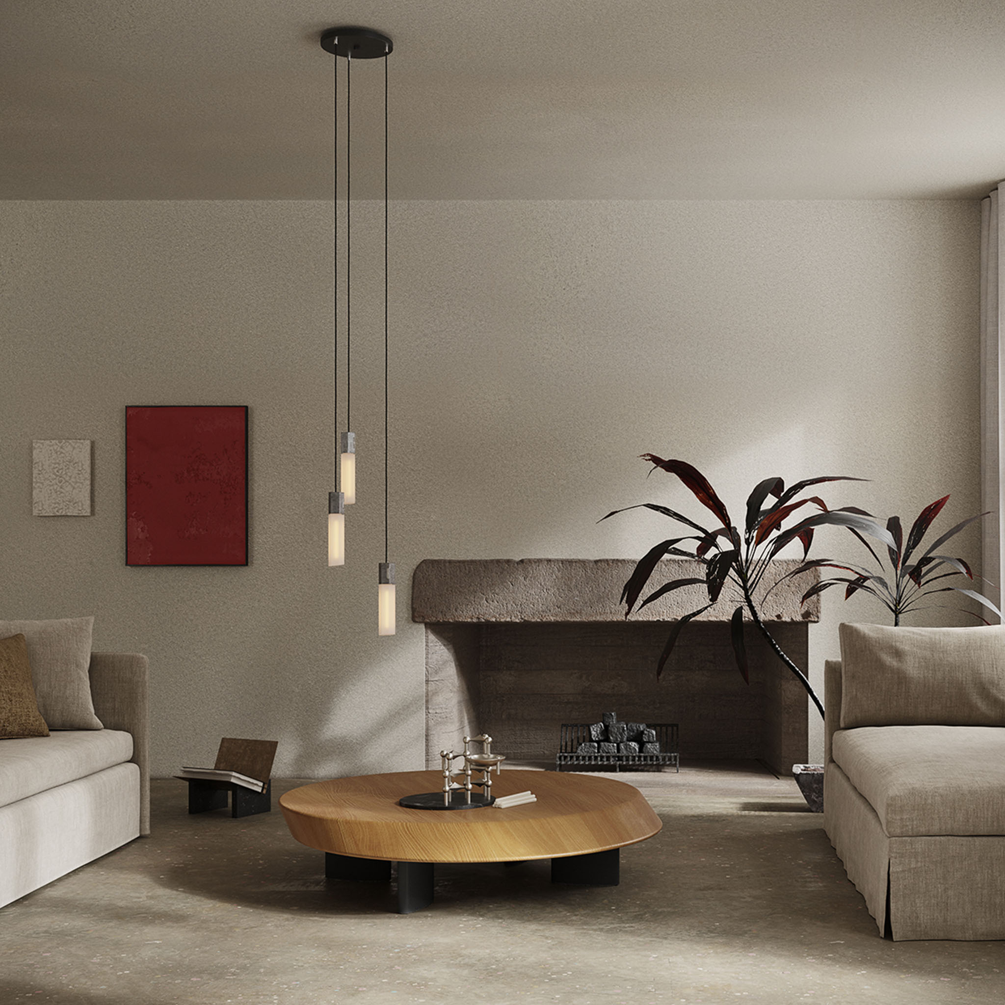 Basalt Triple Pendant by Tala in Stainless Steel, side profile of the cluster