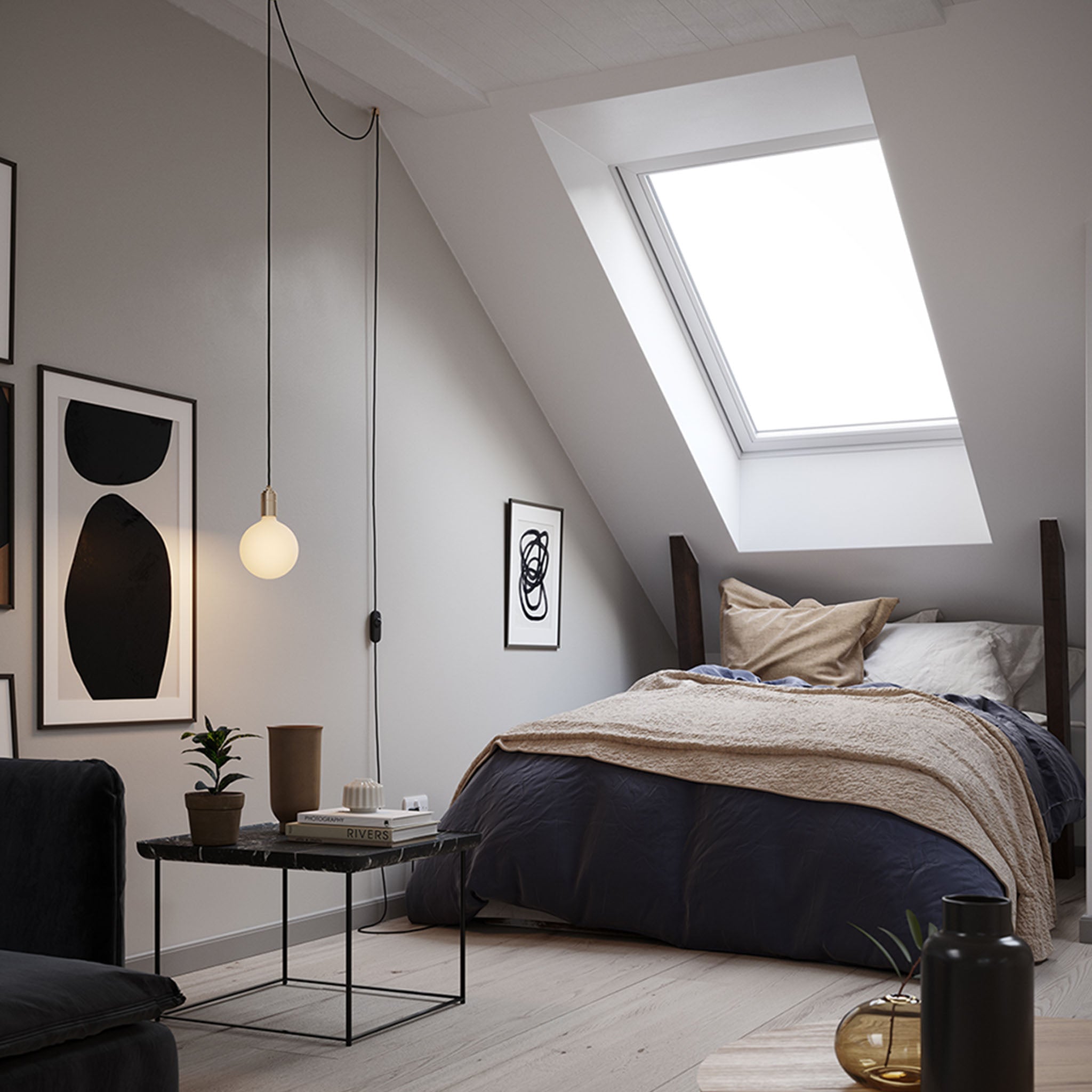 Tala Sphere IV Plug-In Pendant in Brass hanging in a bedroom