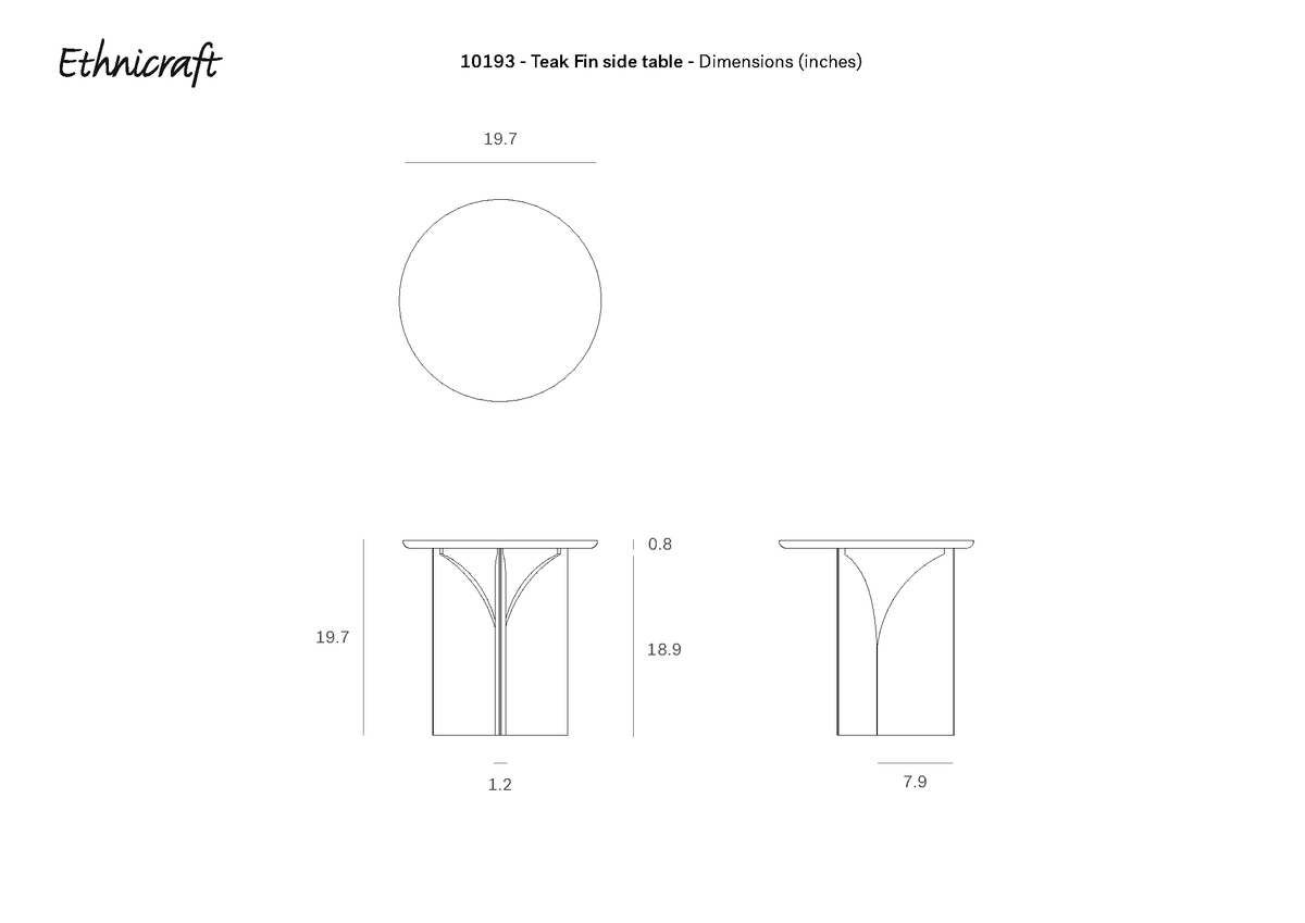 Dimension drawing of the Ethnicraft Fin Side Table, measurements in inches