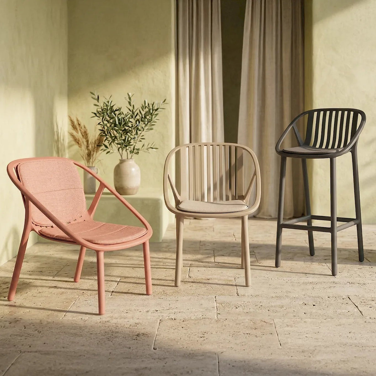 Resol Bini Lounge Chair with its seat and back cushion, styled in an interior setting, solution-dyed acrylic