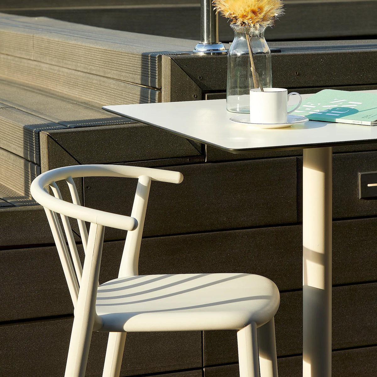 Resol Toledo High Table with a Woody bar stool, styled on a terrace, painted aluminum and HPL