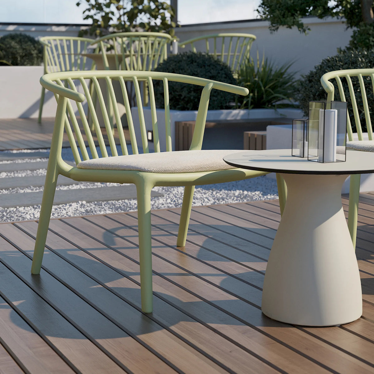 Resol Woody Lounge Chair Cushion on a Woody Lounge Chair, styled on a terrace, solution-dyed acrylic