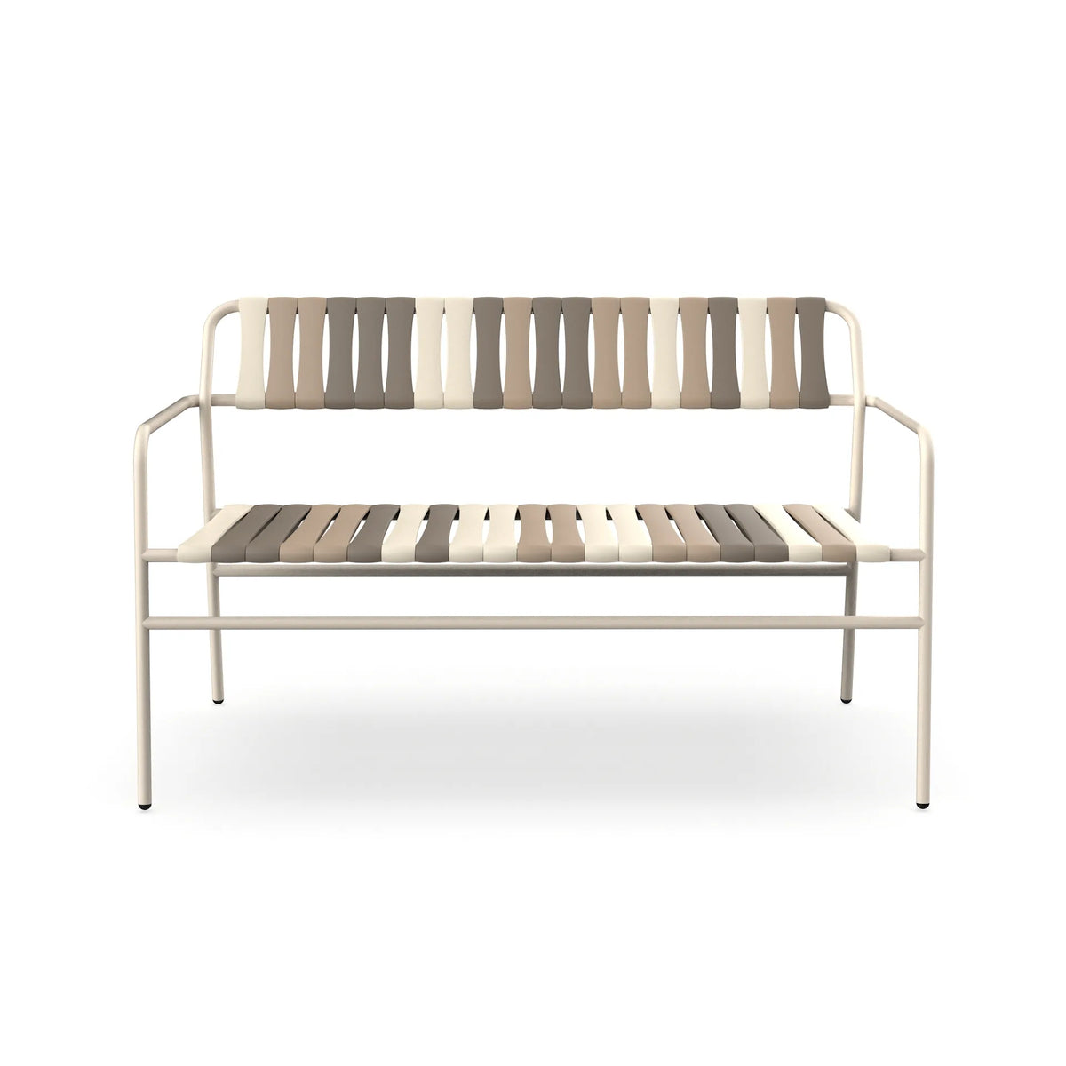 Resol Gelato Bench in Nácar frame with Torroncino slat mix, steel frame and recycled polypropylene slats
