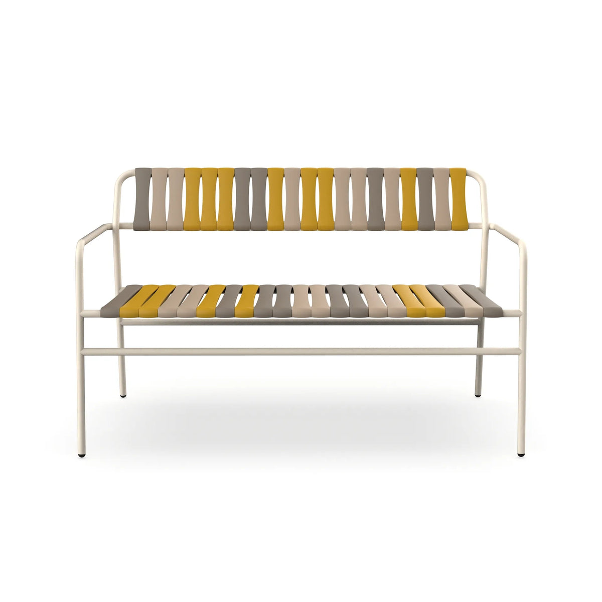 Resol Gelato Bench in Nácar frame with Nocciola slat mix, steel frame and recycled polypropylene slats