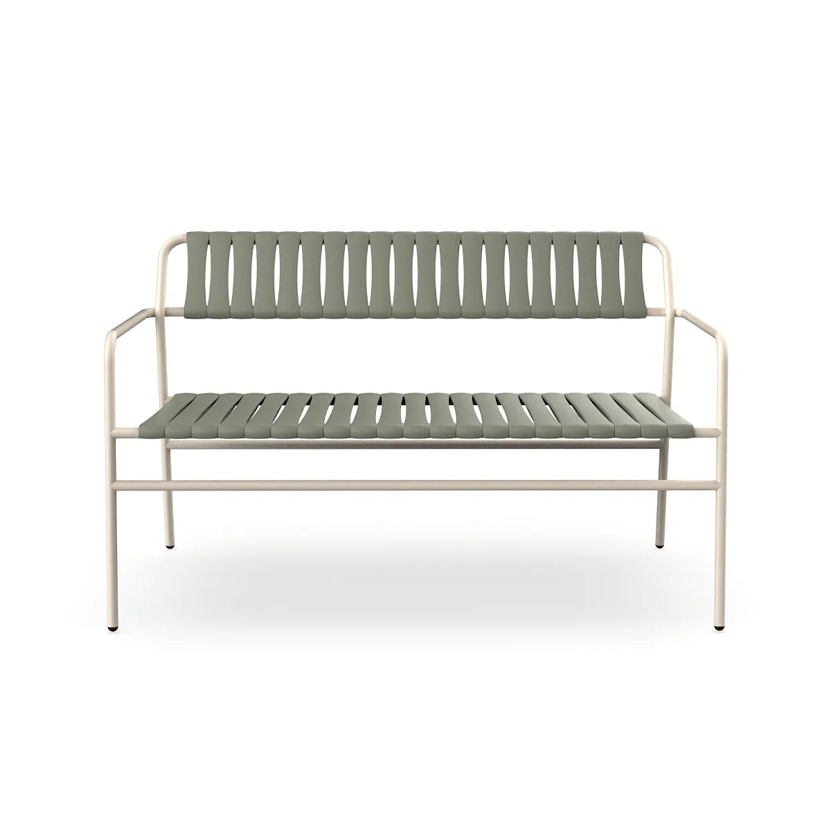 Resol Gelato Bench in Nácar frame with Salvia slats, steel frame and recycled polypropylene slats