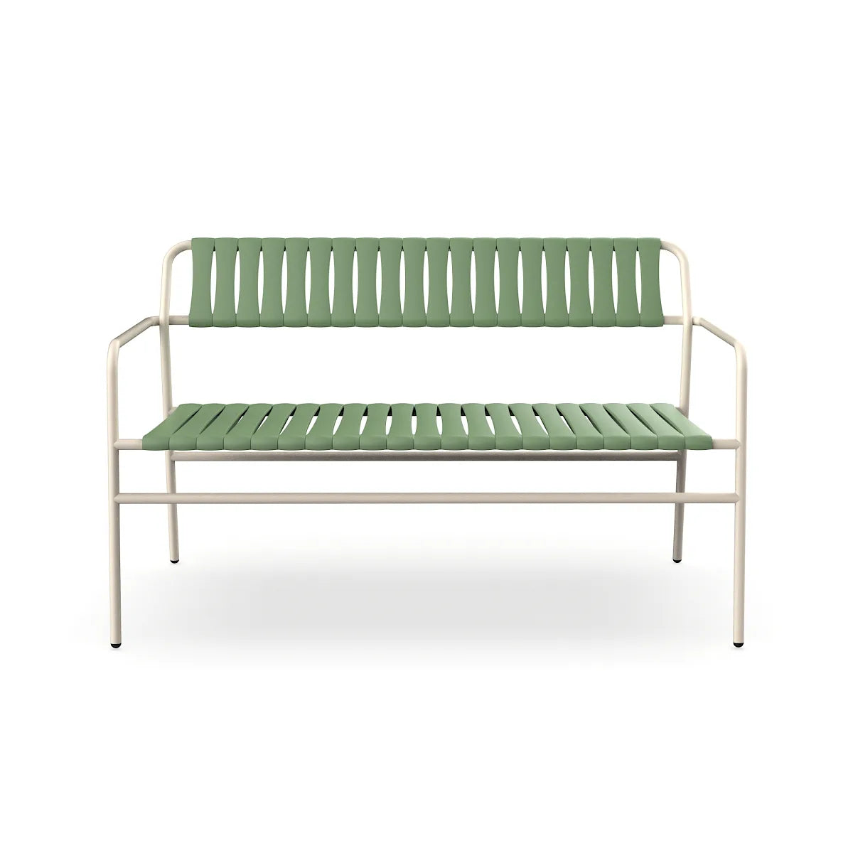 Resol Gelato Bench in Nácar frame with Olivo slats, steel frame and recycled polypropylene slats