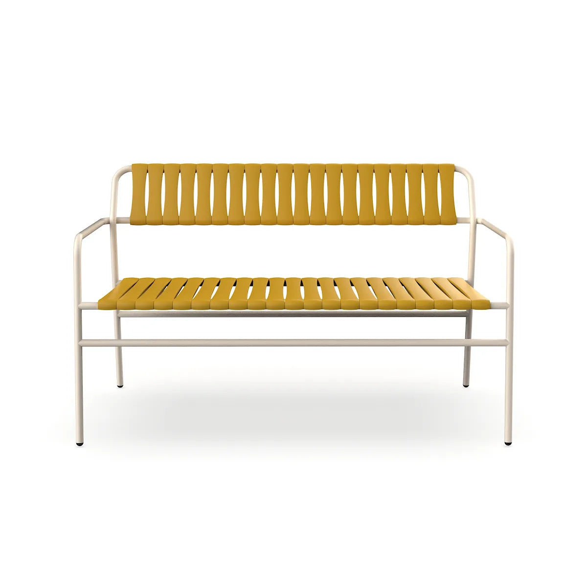 Resol Gelato Bench in Nácar frame with Albero slats, steel frame and recycled polypropylene slats
