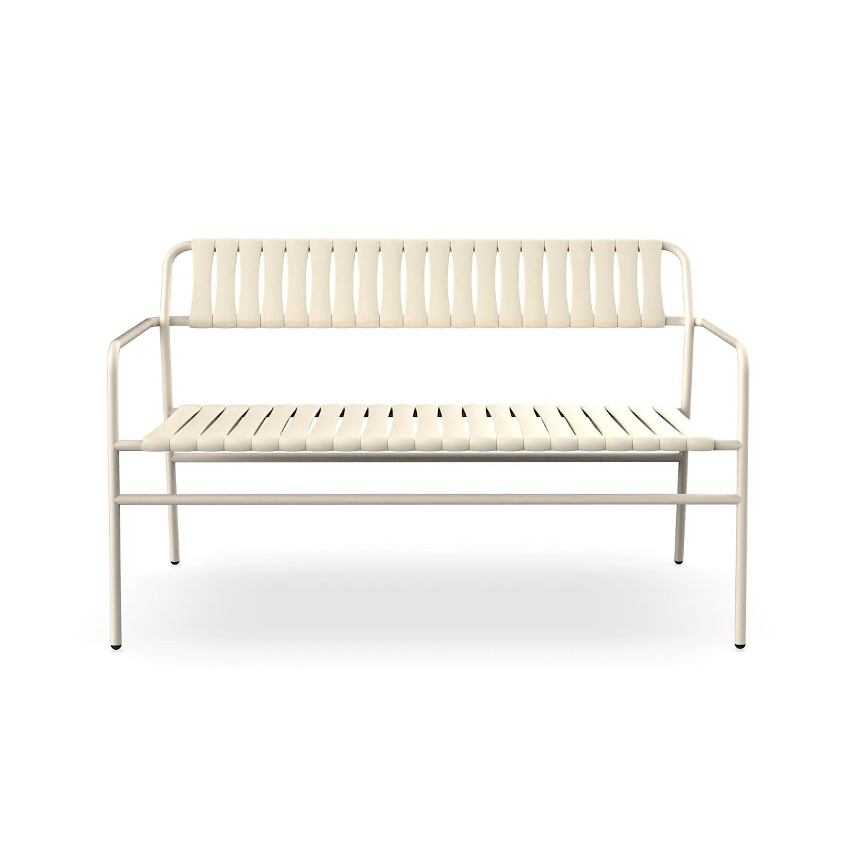 Resol Gelato Bench in Nácar throughout, steel frame and recycled polypropylene slats