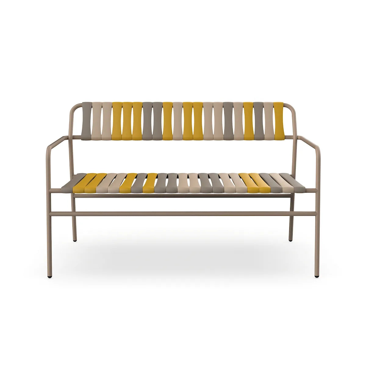 Resol Gelato Bench in Duna frame with Nocciola slat mix, steel frame and recycled polypropylene slats