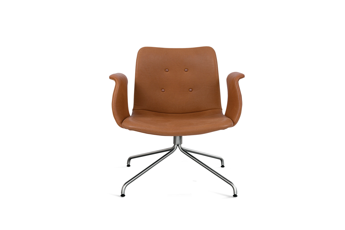 Bent Hansen Primum Lounge Chair with Arms in cognac leather, stainless steel base, stainless steel and leather
