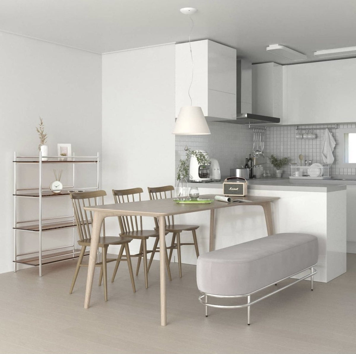 Luceplan Costanza Pendant over a kitchen island, styled in an interior setting