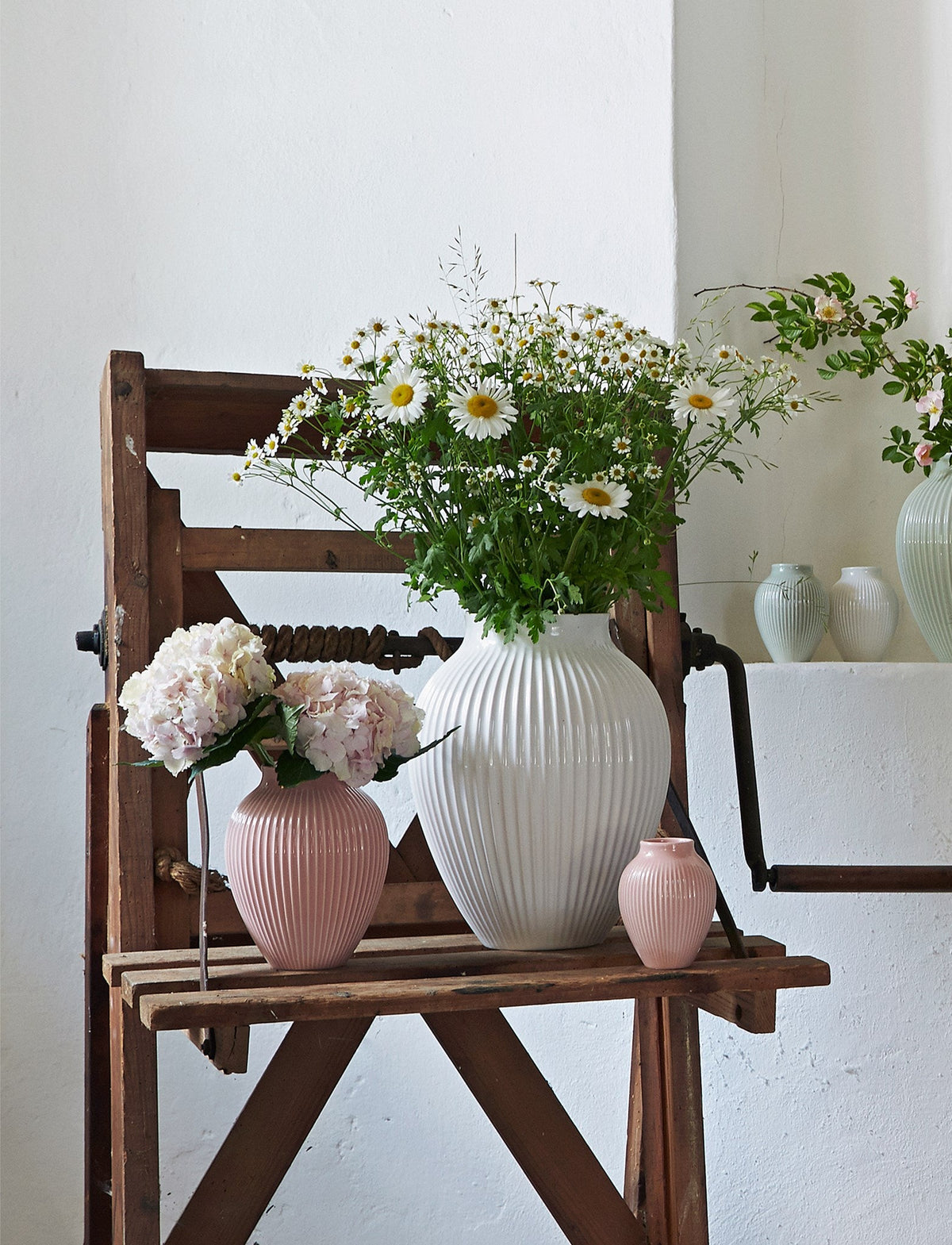 Knabstrup ripple vases in several glazes, styled in an interior setting, glazed earthenware