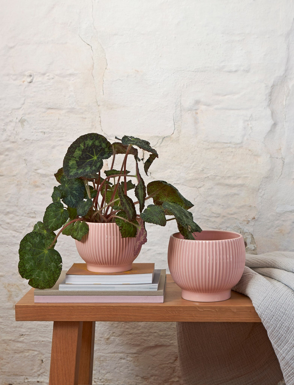 Knabstrup ripple flowerpots in several glazes, styled in an interior setting, glazed earthenware