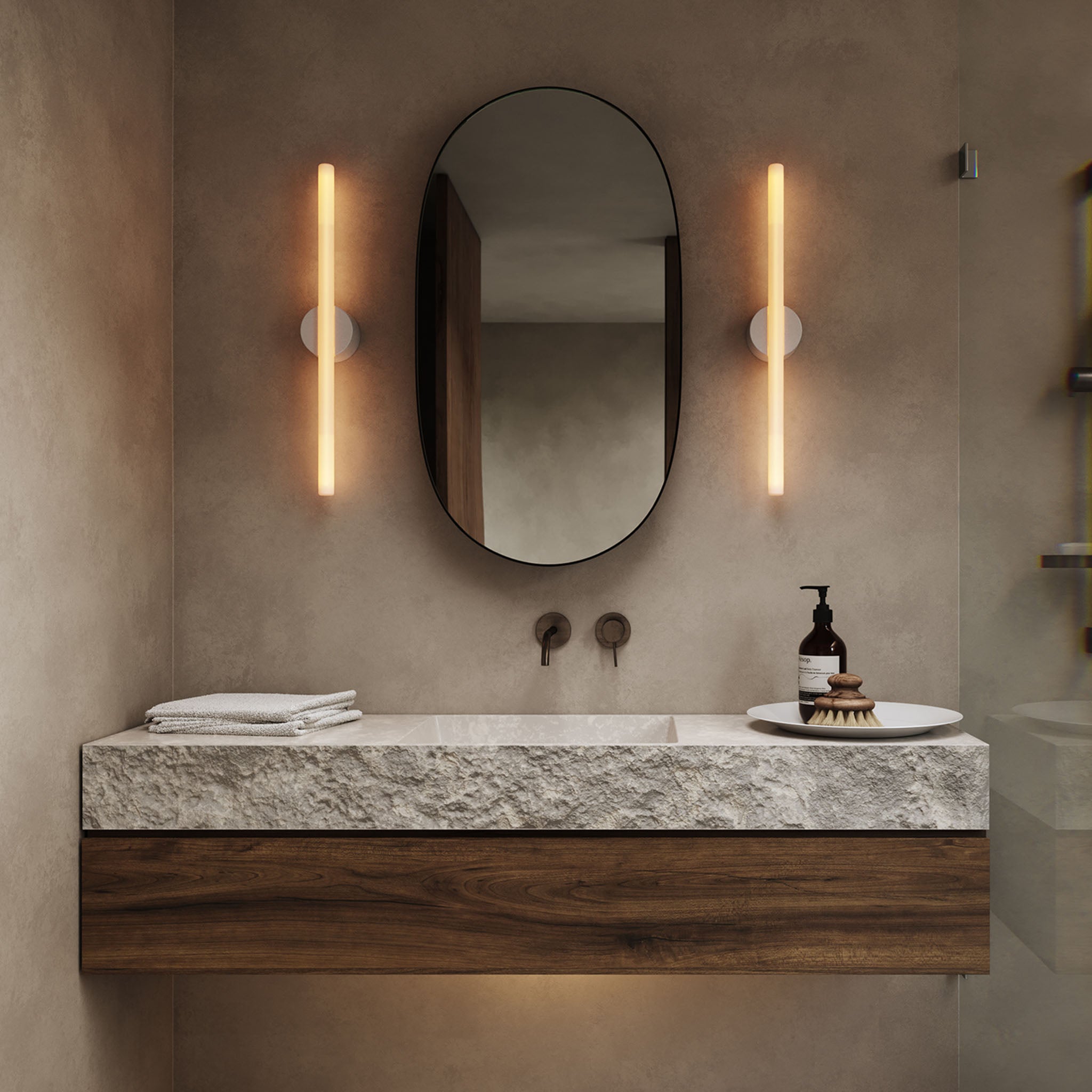 Kilter 2.0 Wall Light in White, large size, bathroom lifestyle, 2200K
