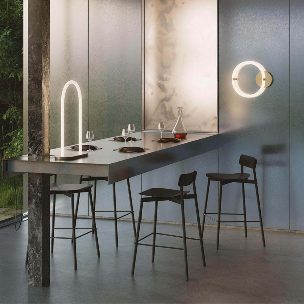 Petite Friture Unseen large table lamp on a bar counter with stools