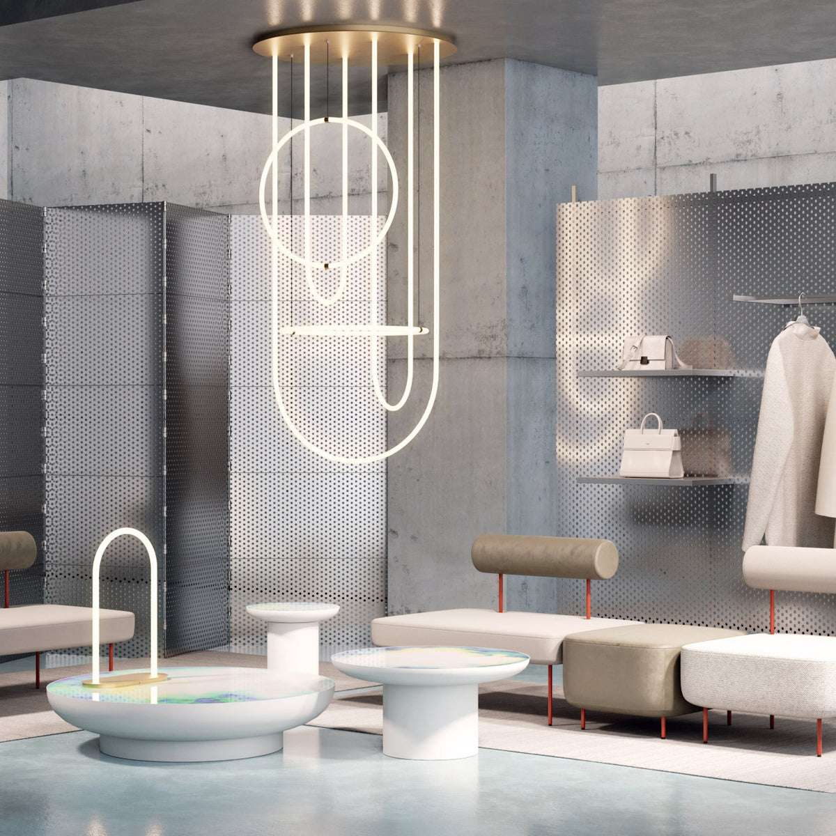 Petite Friture Unseen lamps lighting a lounge with round low tables