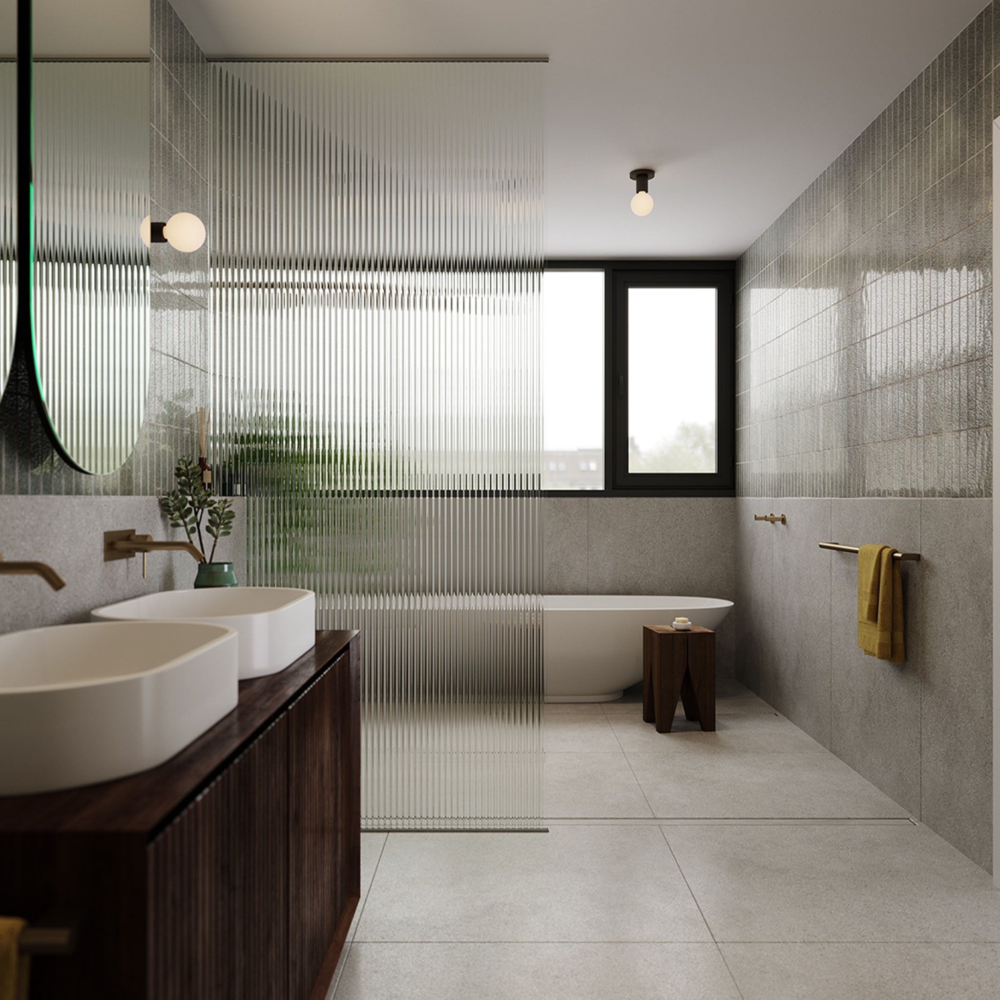 Lochan Wall Light in Graphite with Sphere III, pair in bathroom setting