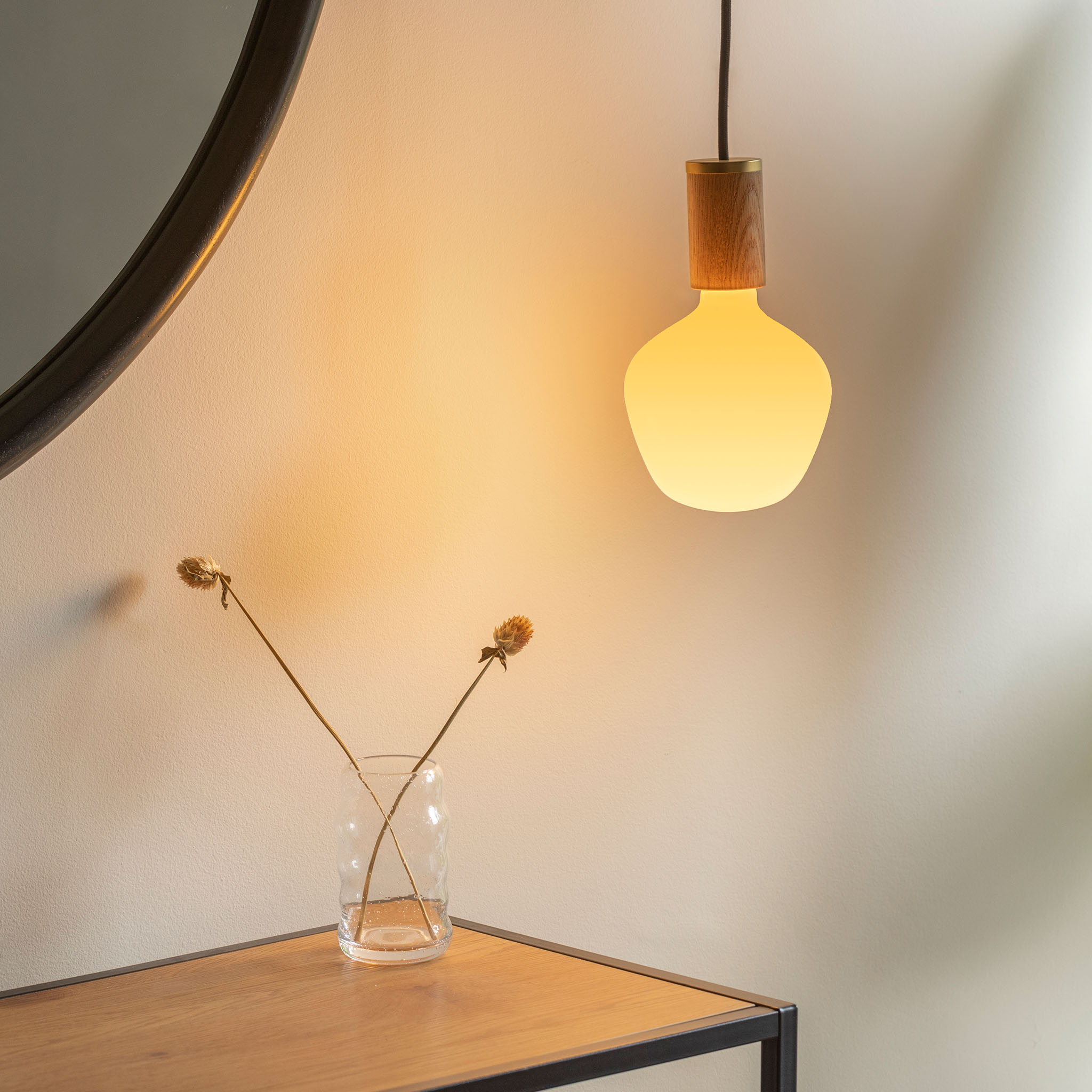 Enno Pendant Light in Oak, shown in a hallway setting