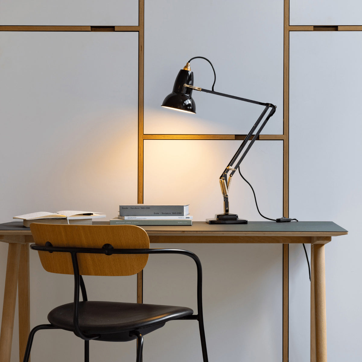 Anglepoise Original 1227 Brass Desk Lamp in Jet Black, gloss painted aluminum with brass fittings