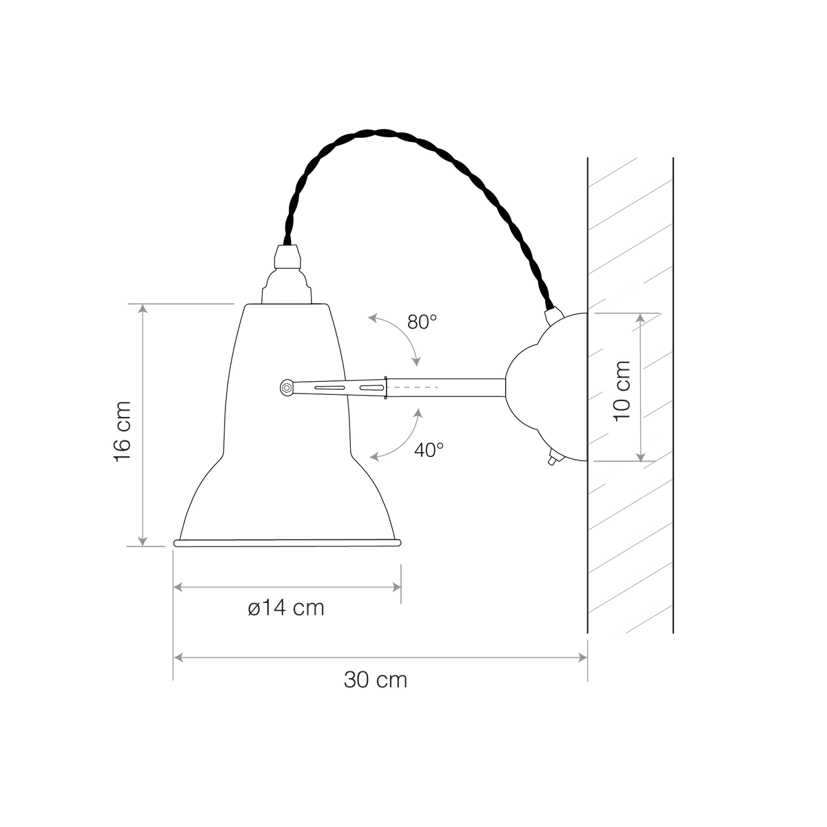 Anglepoise Original 1227 Brass Wall Light dimension diagram showing shade size and reach, steel and brass