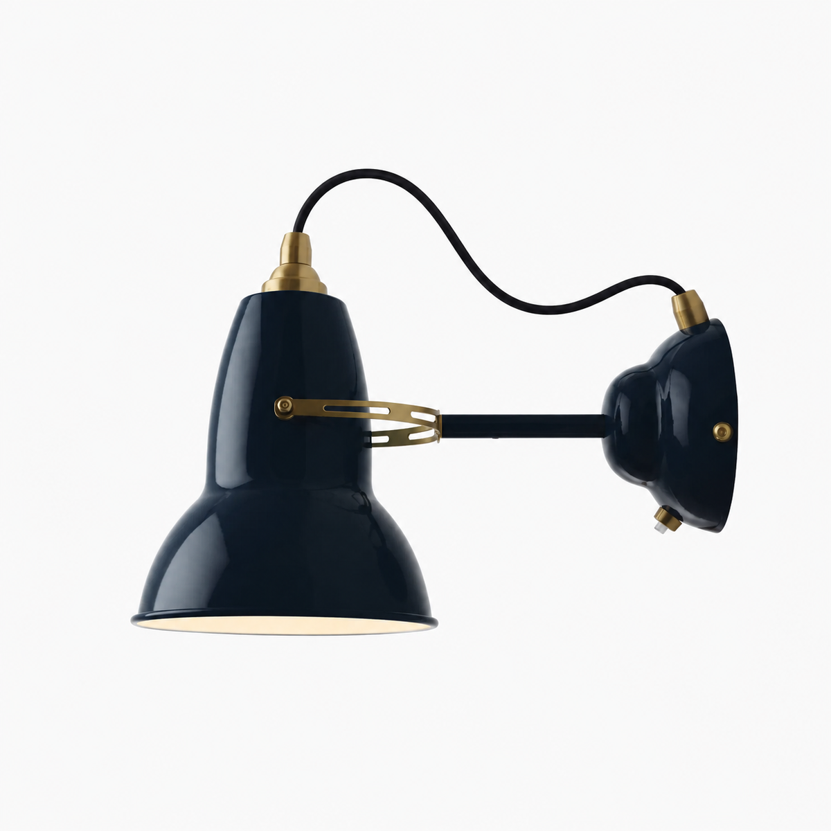 Anglepoise Original 1227 Brass Wall Light in Ink Blue, gloss steel with brass shade cap and fittings