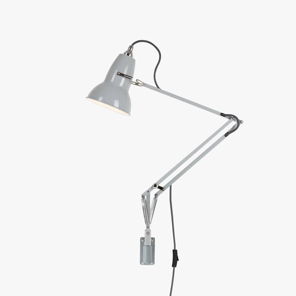 Anglepoise Original 1227 Wall Mounted Lamp in Dove Grey on its cast iron wall bracket, aluminum shade and arms