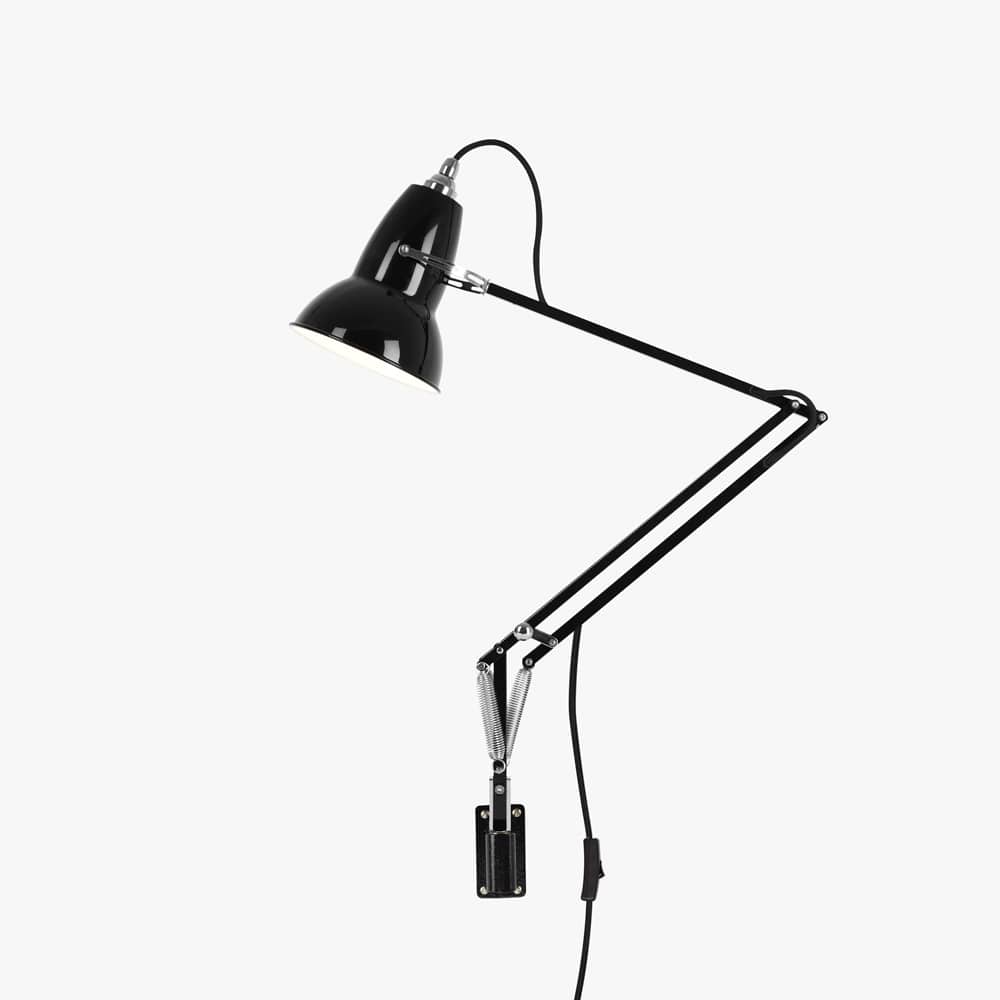Anglepoise Original 1227 Wall Mounted Lamp in Jet Black on its cast iron wall bracket, aluminum shade and arms