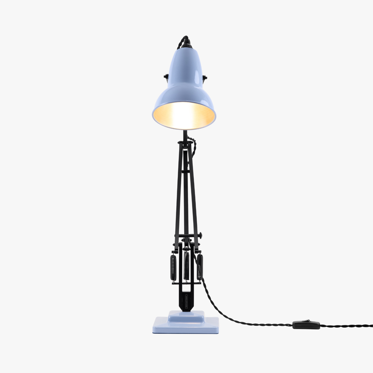 Anglepoise Original 1227 Desk Lamp in Opal Blue and Satin Black, front view, painted steel