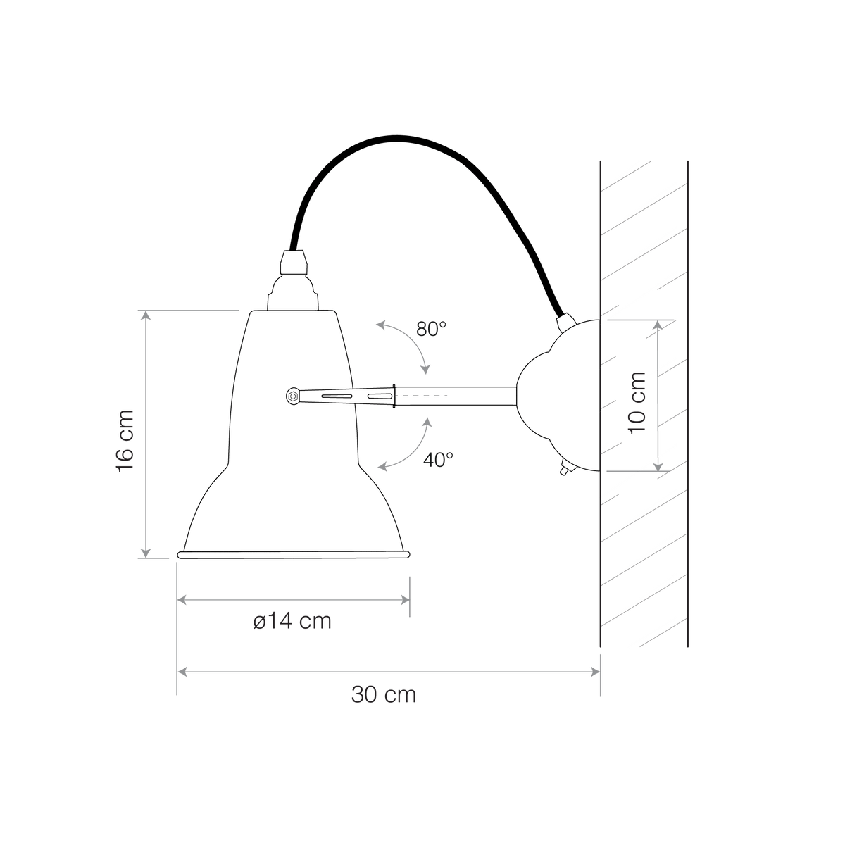 Anglepoise Original 1227 Wall Light dimension diagram showing shade size and reach, steel