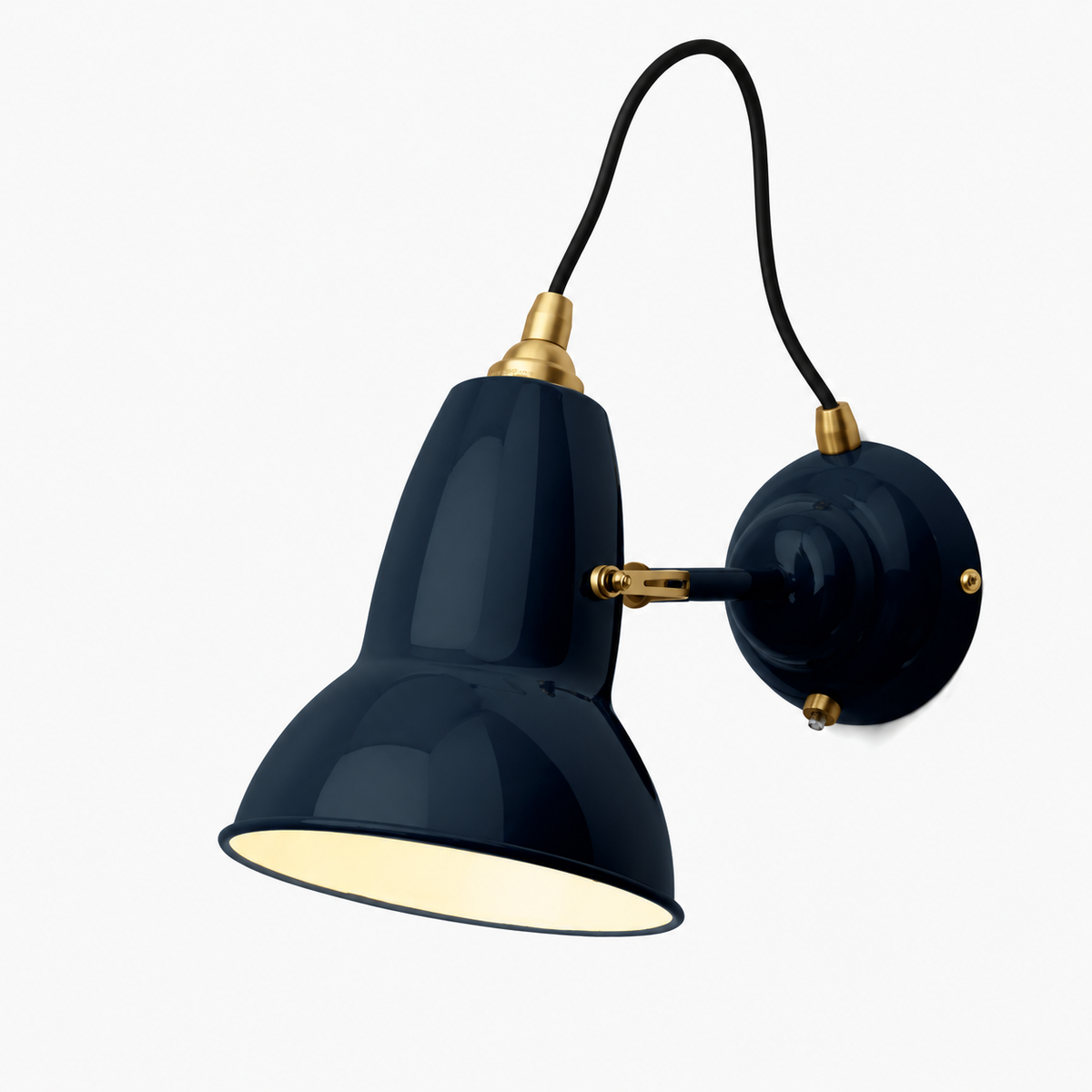 Anglepoise Original 1227 Brass Wall Light in Ink Blue, second view of the steel shade and brass details
