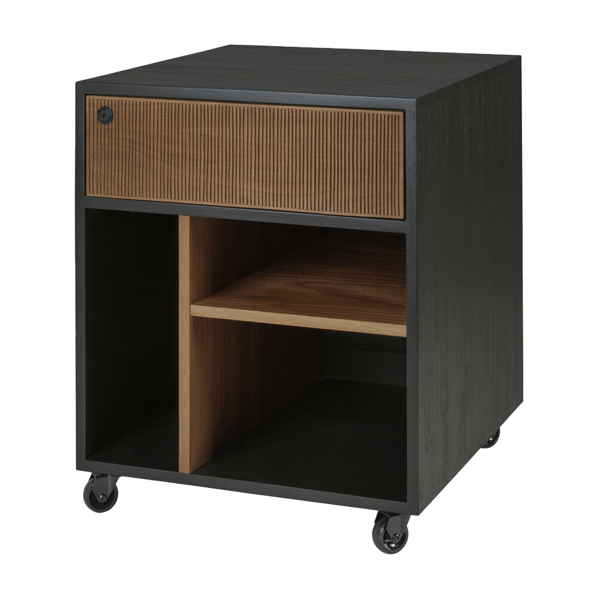 Ethnicraft Oscar Drawer Unit in Teak Black, three-quarter view on wheels, solid teak