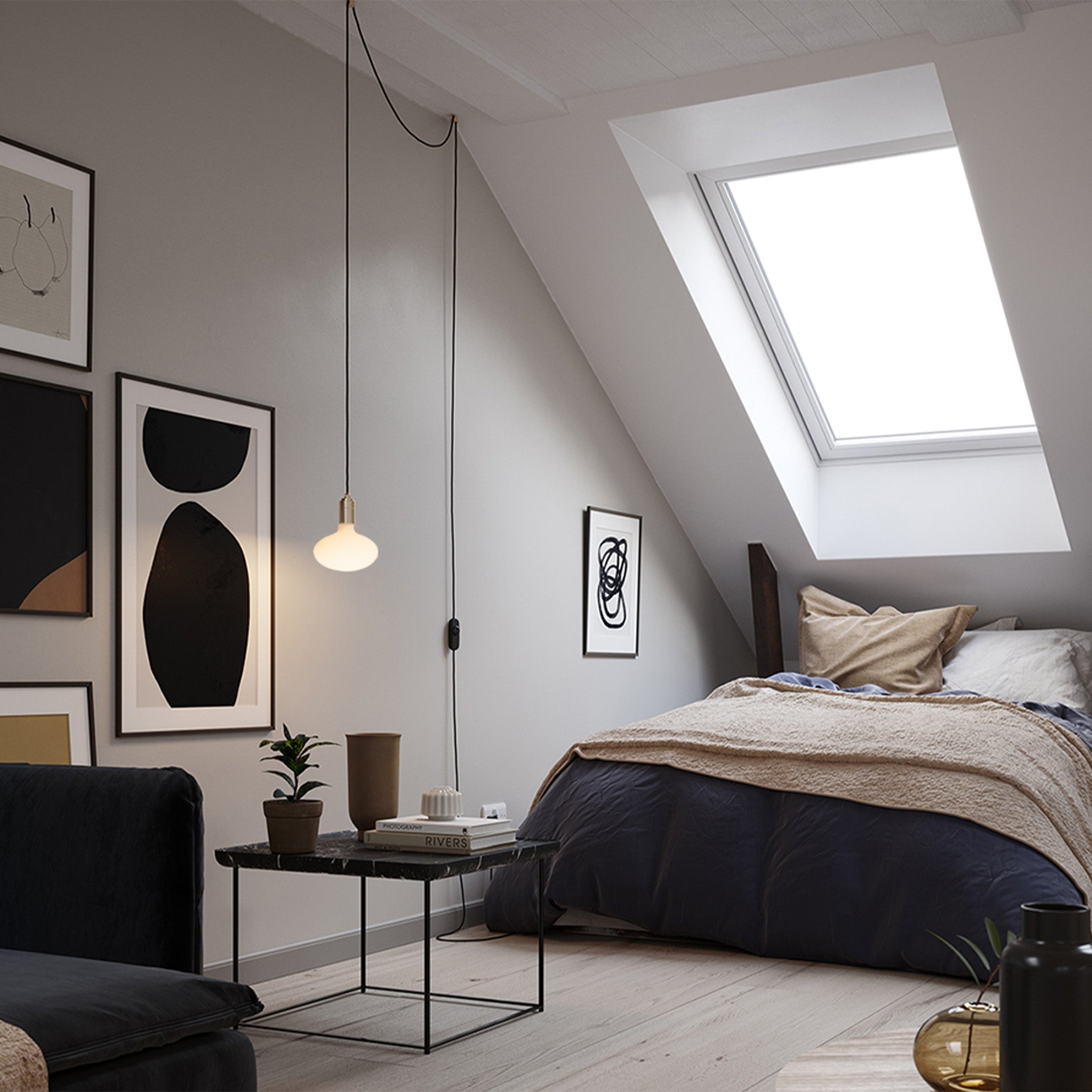 Oval Dim-to-Warm Plug-In Pendant by Tala — lifestyle, bedroom setting