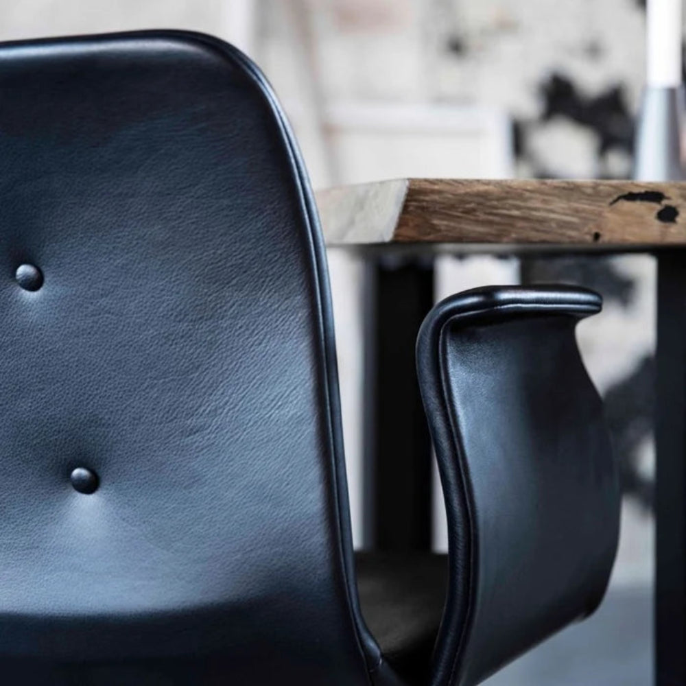 Primum Swivel Dining Chair with Arms - Black Leather, Stainless Steel Base