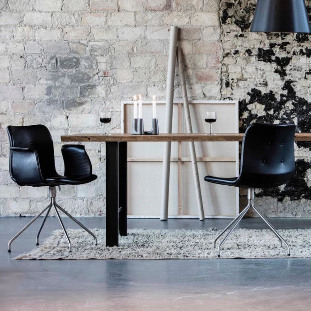Primum Swivel Dining Chair with Arms - Black Leather, Stainless Steel Base