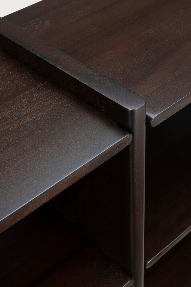 Detail of Ethnicraft Mortise Rack showing a shelf compartment in solid mahogany