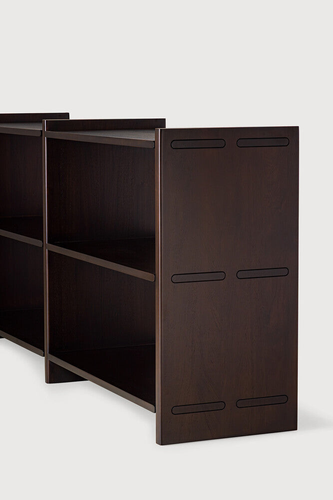 Detail of Ethnicraft Mortise Rack showing the mahogany grain and varnish