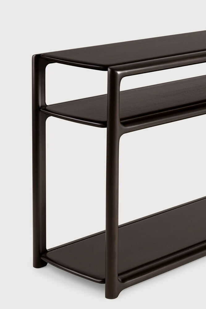 Detail of Ethnicraft Eda Console showing the rounded mahogany top edge