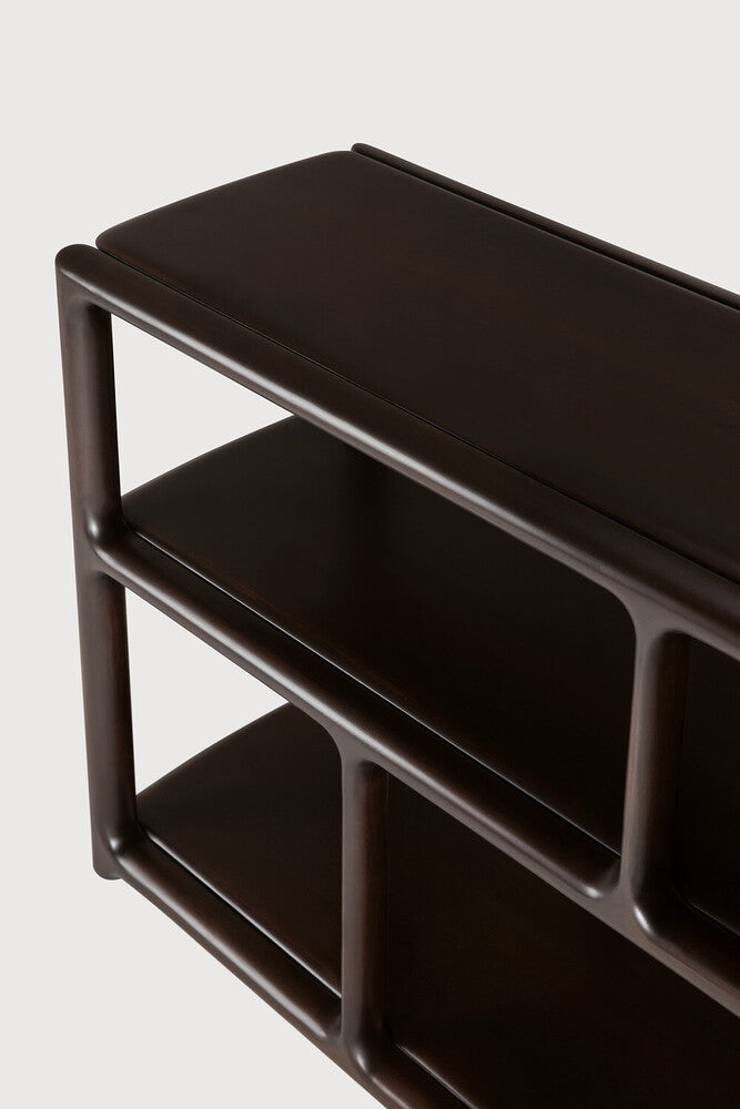 Detail of Ethnicraft Eda Rack showing the rounded mahogany shelf edge