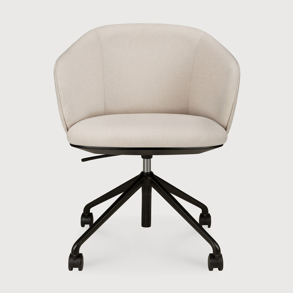 Ethnicraft Unda Office Chair in Salt with wheels, flat-weave upholstery on black metal base