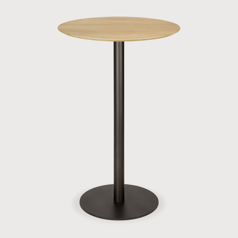Ethnicraft Blend Bar Table in Oak, varnished solid oak top on Dark Bronze metal base