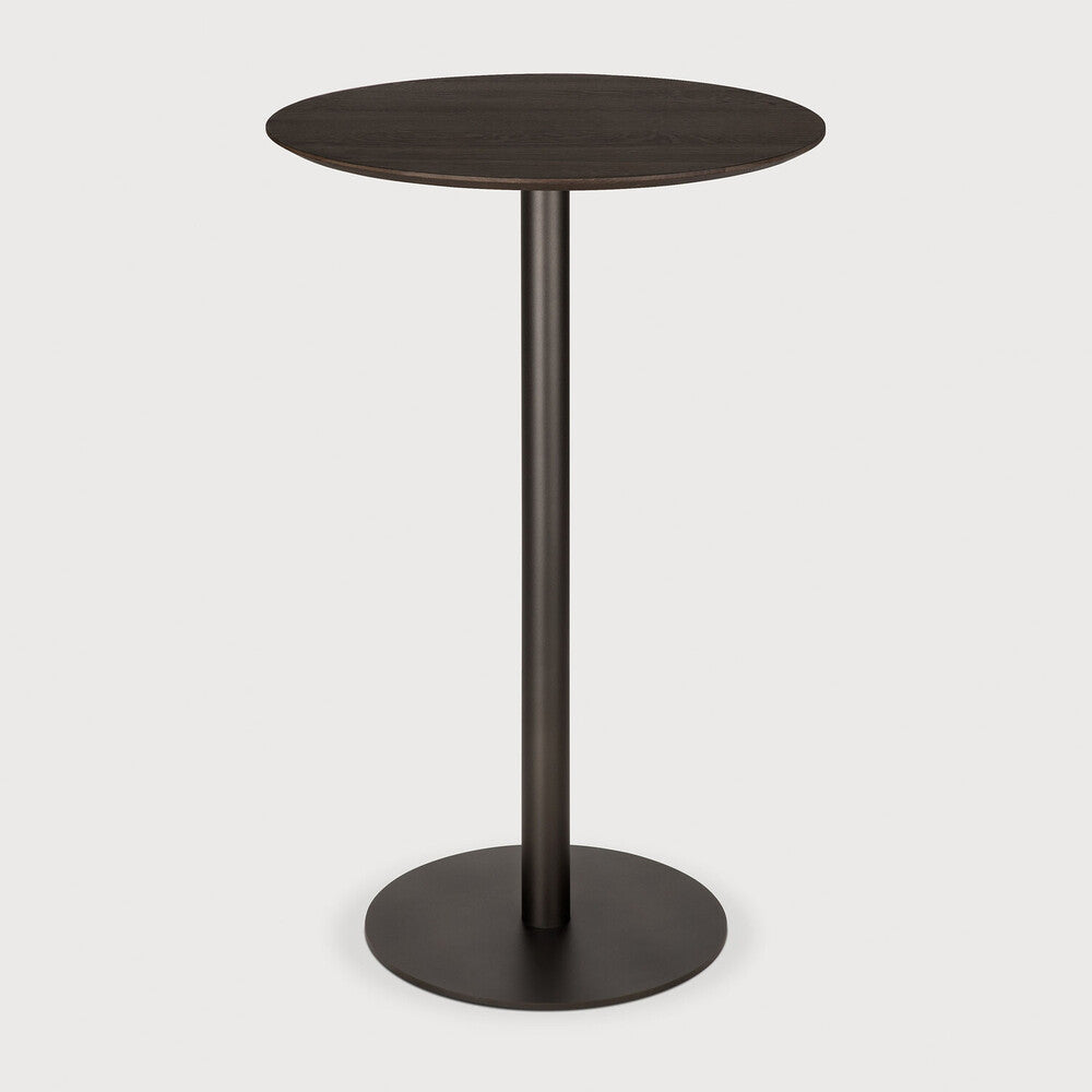 Ethnicraft Blend Bar Table in Oak Brown, brown varnished solid oak top on Dark Bronze metal base